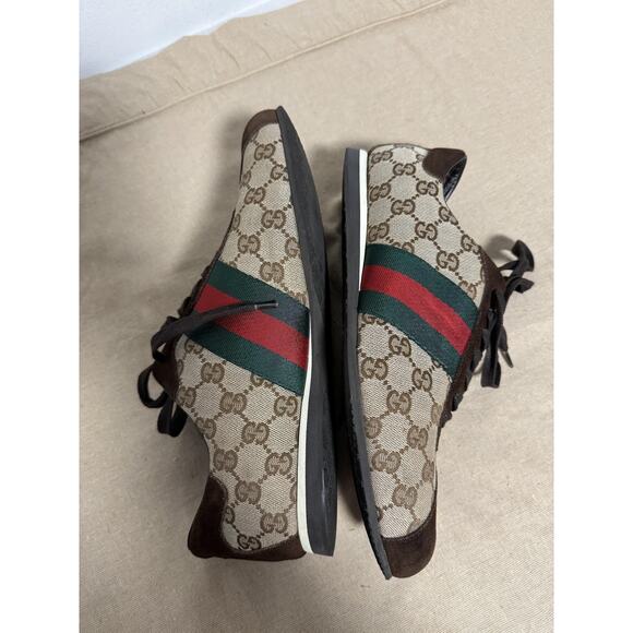 Gucci Shoes Mens Size 8.5 Brown GG Canvas Suede Web Stripe Made in Italy 117711 - Picture 2 of 10